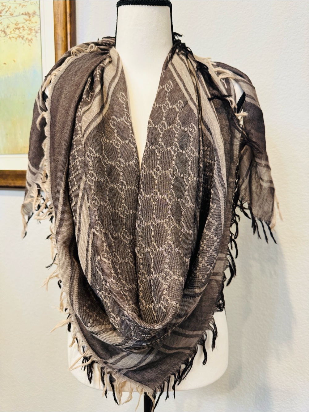Authentic Gucci Brown & Beige Signature Monogram Shawl Scarf